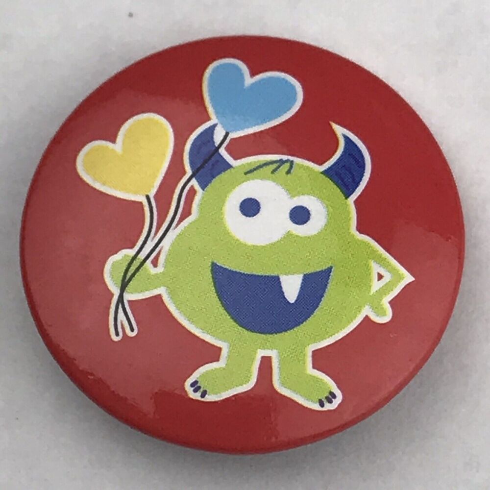 Monster With Heart Balloons Small Pin Button Vintage